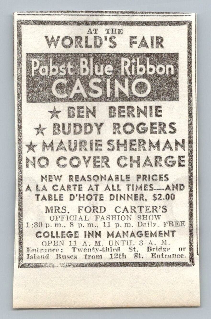 1933 Chicago World's Fair Pabst Blue Ribbon Casino Ad Ben Bernie Buddy Rogers